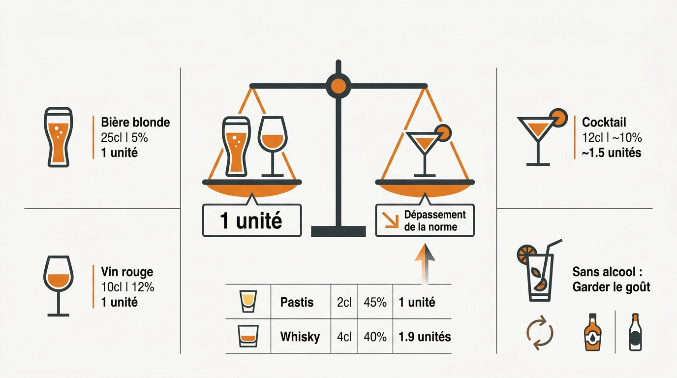 Tableau comparatif des unités d'alcool selon le type de verre servi en bar