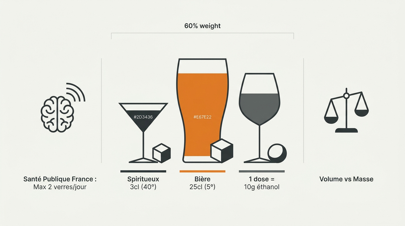 Infographie expliquant la différence entre volume de liquide et masse d'alcool pur en grammes