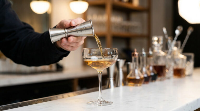 Un barman utilise un doseur en métal pour verser une boisson ambrée dans une coupe à cocktail sur un comptoir.