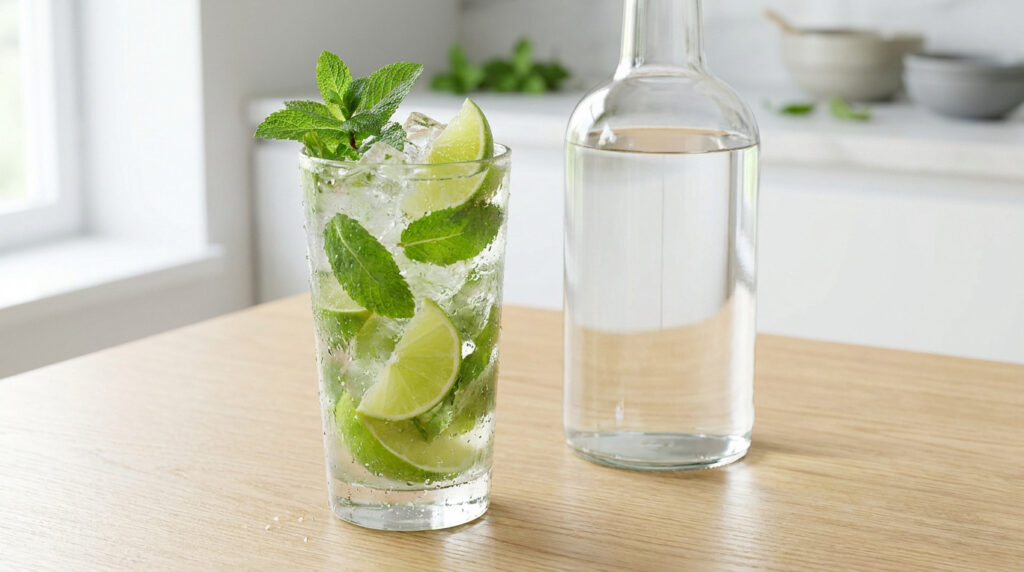 Un verre de mojito frais avec de la menthe et du citron vert posé sur une table en bois à côté d'une bouteille.