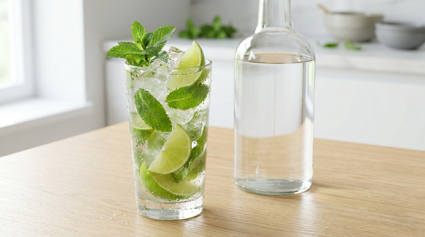 Un verre de mojito frais avec de la menthe et du citron vert posé sur une table en bois à côté d'une bouteille.