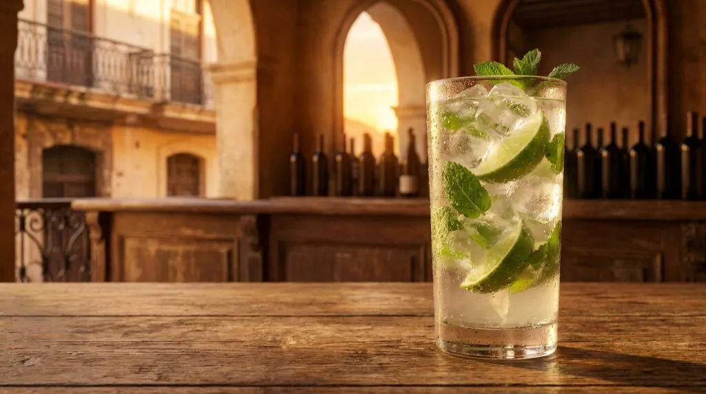 Un verre de mojito frais avec citron vert et menthe sur une table en bois devant un décor colonial cubain au coucher.