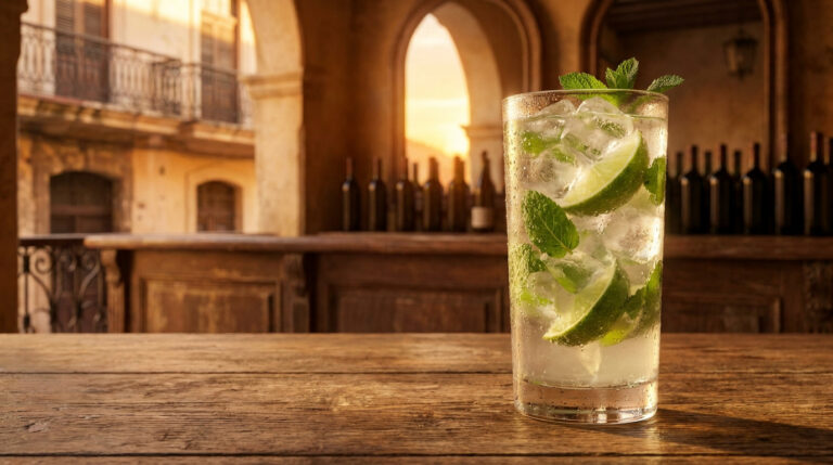 Un verre de mojito frais avec citron vert et menthe sur une table en bois devant un décor colonial cubain au coucher.