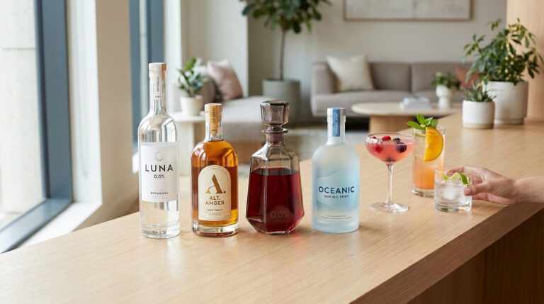 Sélection de bouteilles de spiritueux sans alcool et de cocktails sur un comptoir en bois dans un salon moderne.