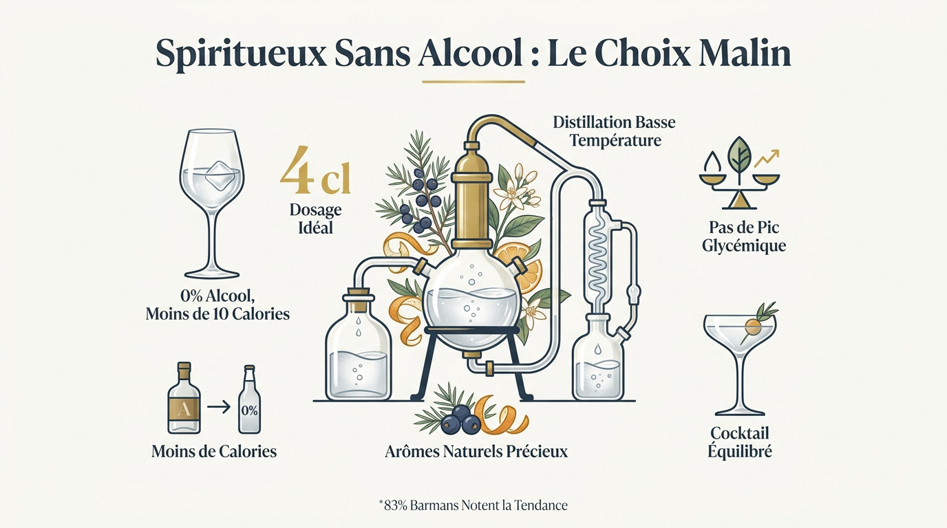 Sélection de bouteilles de spiritueux sans alcool sur un comptoir de bar professionnel