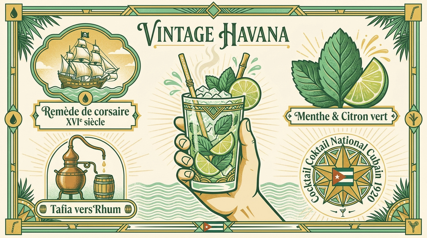 Affiche vintage de La Havane illustrant l'histoire du mojito cubain